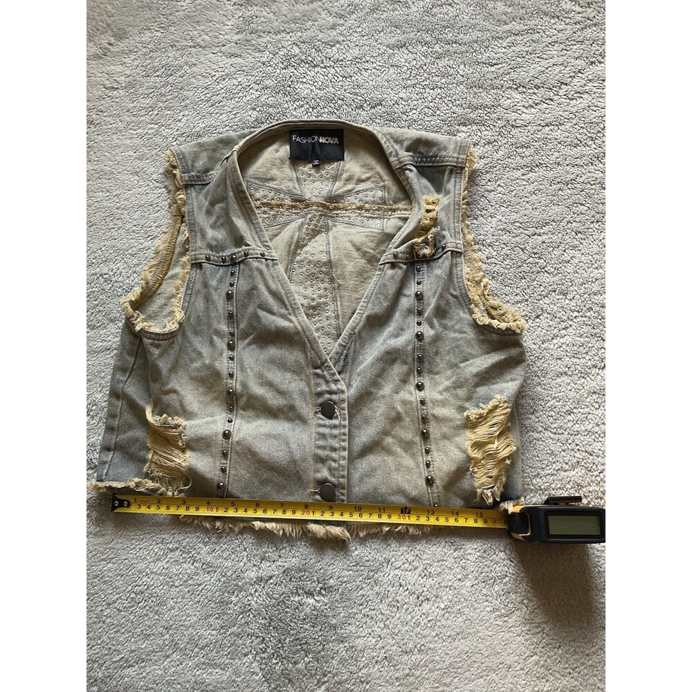 Ifashion Nova Denim Vest Womens Sz Large Distressed Punk Rock Beads Cross